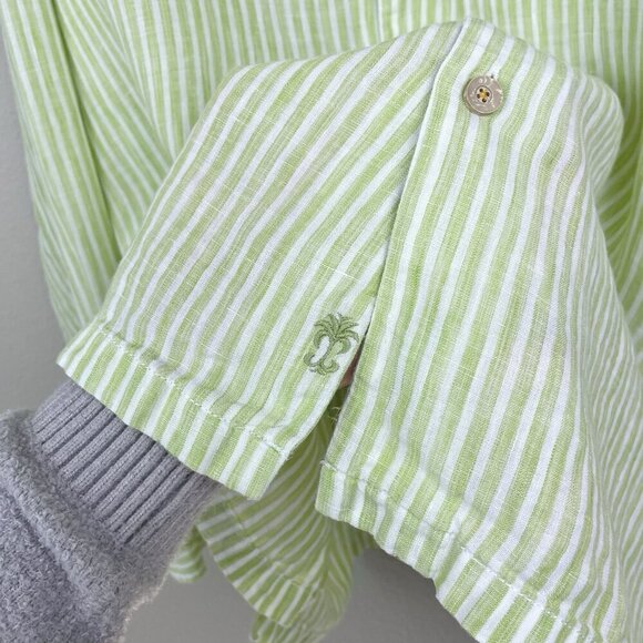 Tommy Bahama Men's Large 100% Linen Button Down Collared Shirt Green White Strip - Picture 8 of 16